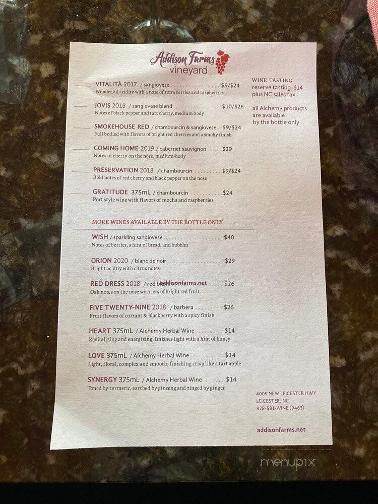 Addison Farms Vineyard - Leicester, NC menu_pic