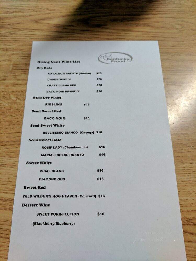 Rising Sons Home Farm Winery - Lawrenceburg, KY menu_pic