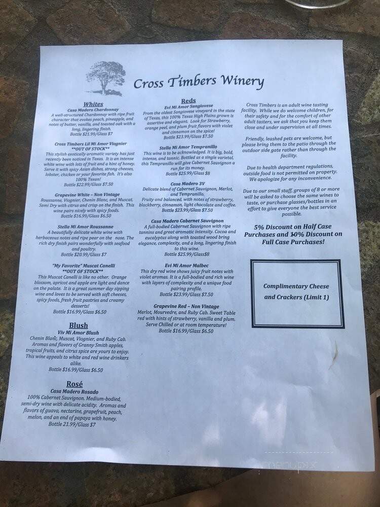 Cross Timbers Winery - Grapevine, TX menu_pic