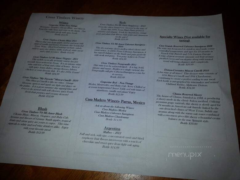 Cross Timbers Winery - Grapevine, TX menu_pic