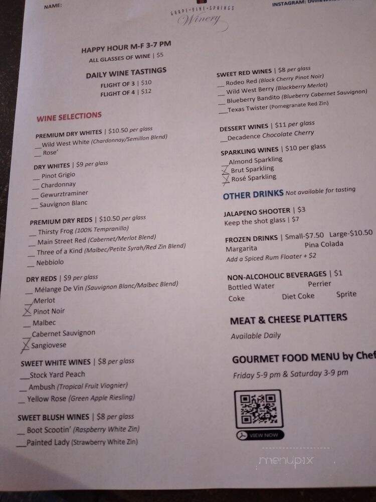 Grape Vine Springs Winery - Grapevine, TX menu_pic