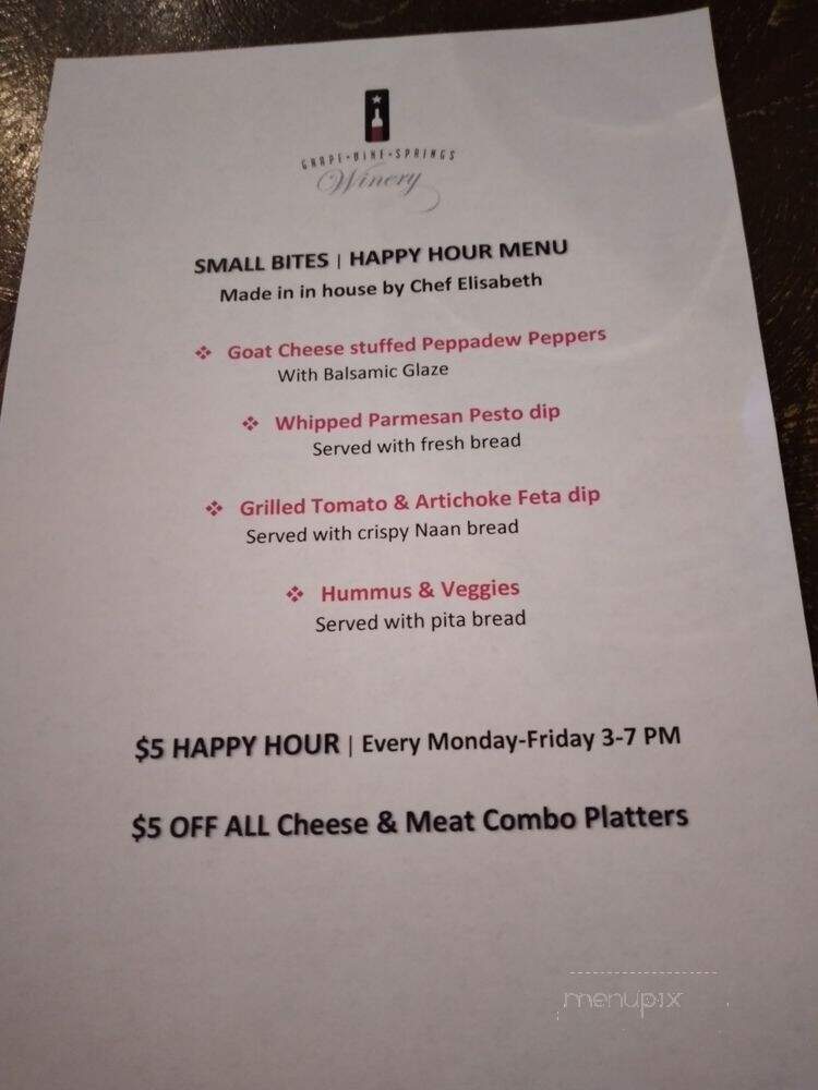 Grape Vine Springs Winery - Grapevine, TX menu_pic