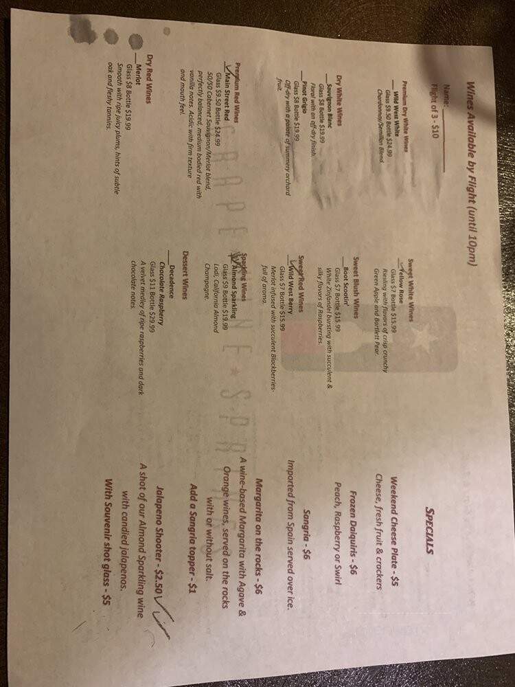 Grape Vine Springs Winery - Grapevine, TX menu_pic