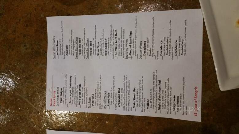 Grape Vine Springs Winery - Grapevine, TX menu_pic
