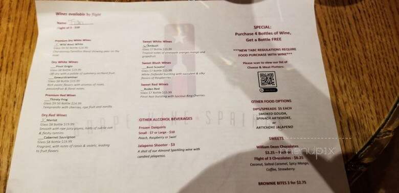 Grape Vine Springs Winery - Grapevine, TX menu_pic