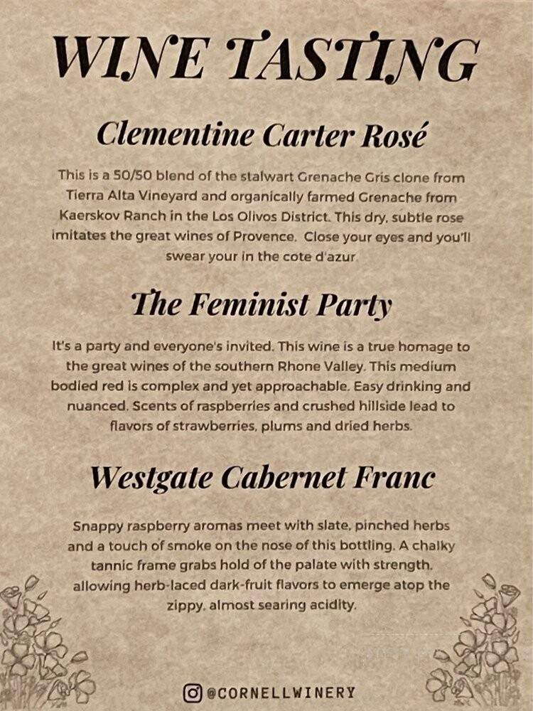 Cornell Winery and Tasting Room - Agoura Hills, CA menu_pic