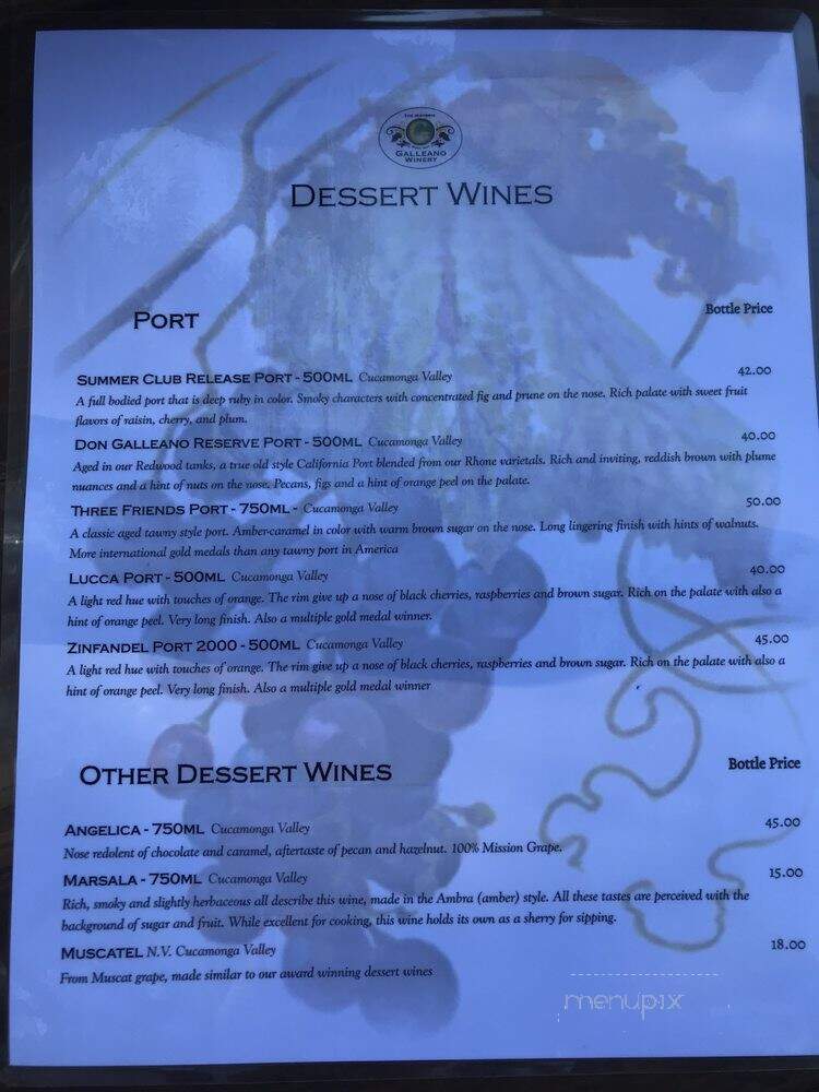 Galleano Winery - Mira Loma, CA menu_pic