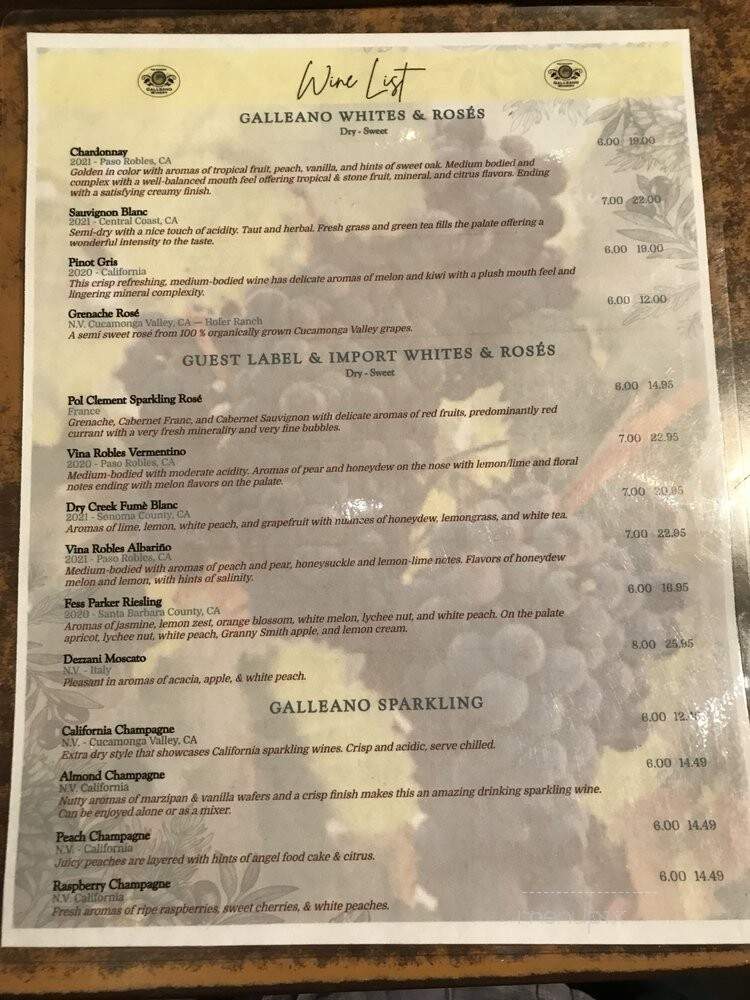 Galleano Winery - Mira Loma, CA menu_pic