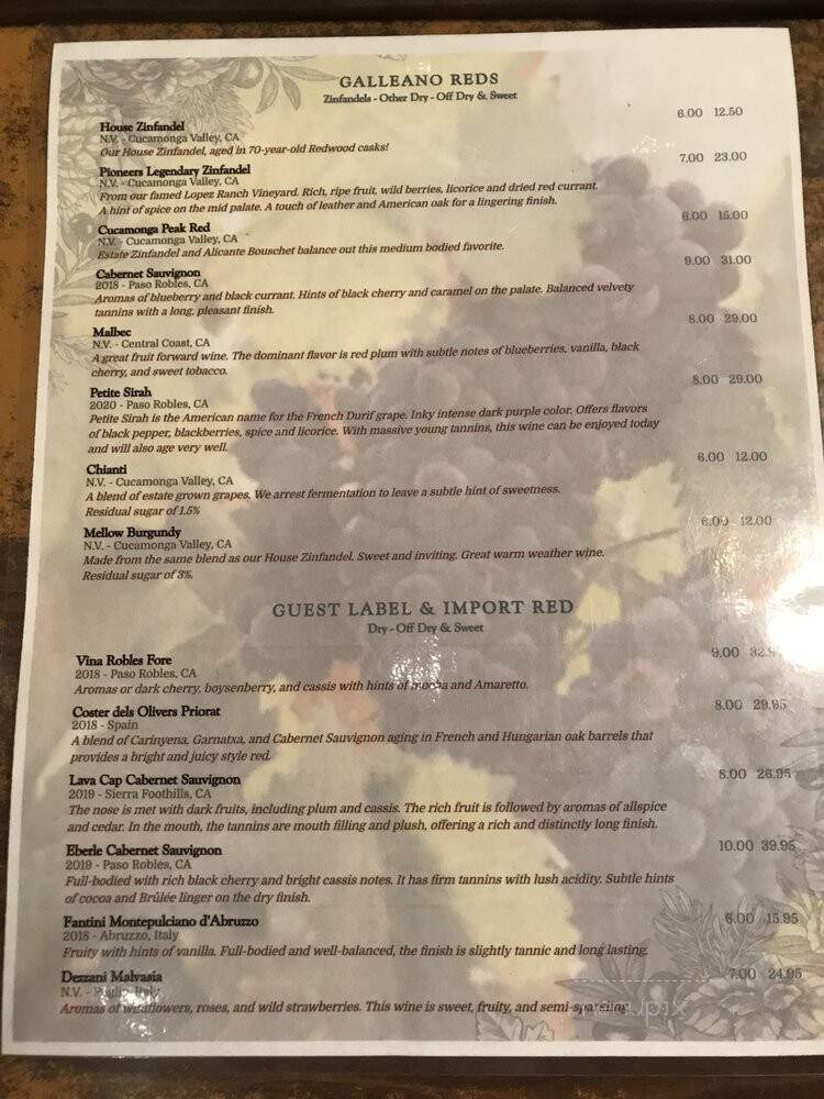 Galleano Winery - Mira Loma, CA menu_pic