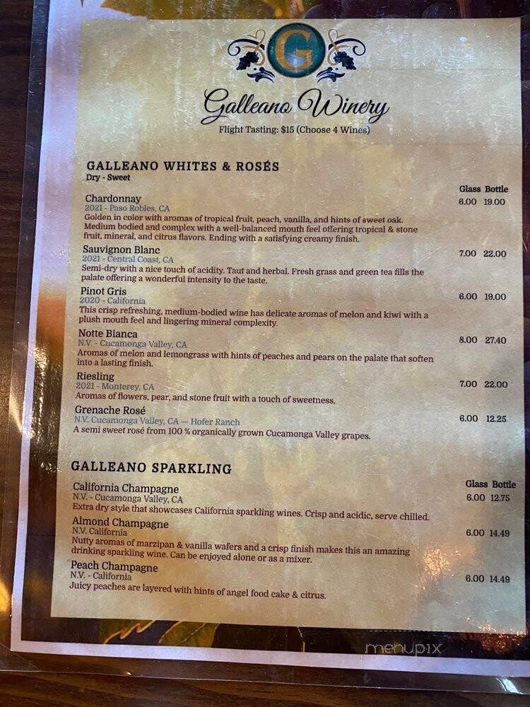Galleano Winery - Mira Loma, CA menu_pic