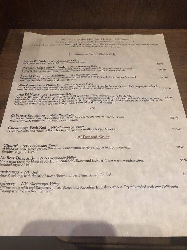 Galleano Winery - Mira Loma, CA menu_pic