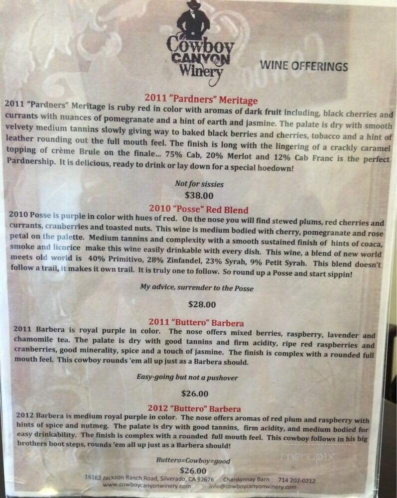 Cowboy Canyon Winery - Silverado, CA menu_pic