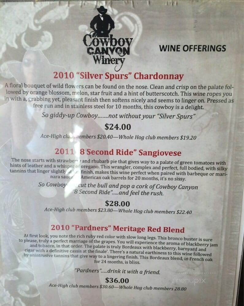 Cowboy Canyon Winery - Silverado, CA menu_pic