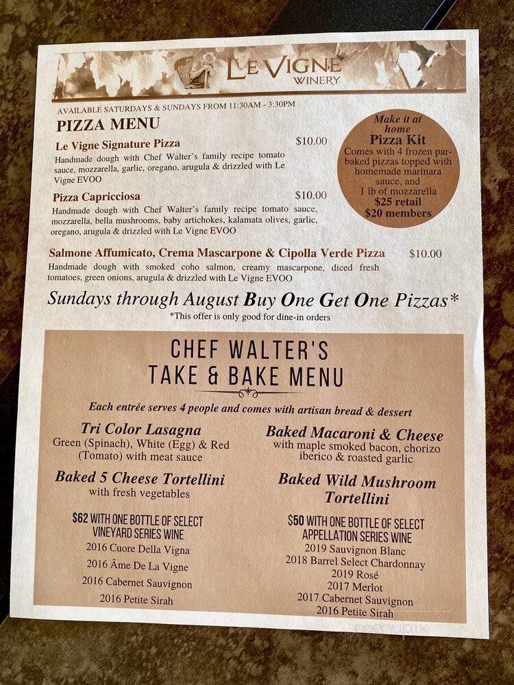 Le Vigne Winery - Paso Robles, CA menu_pic