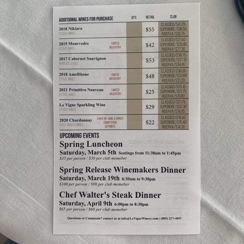 Le Vigne Winery - Paso Robles, CA menu_pic