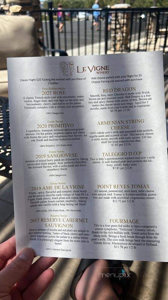 Le Vigne Winery - Paso Robles, CA menu_pic