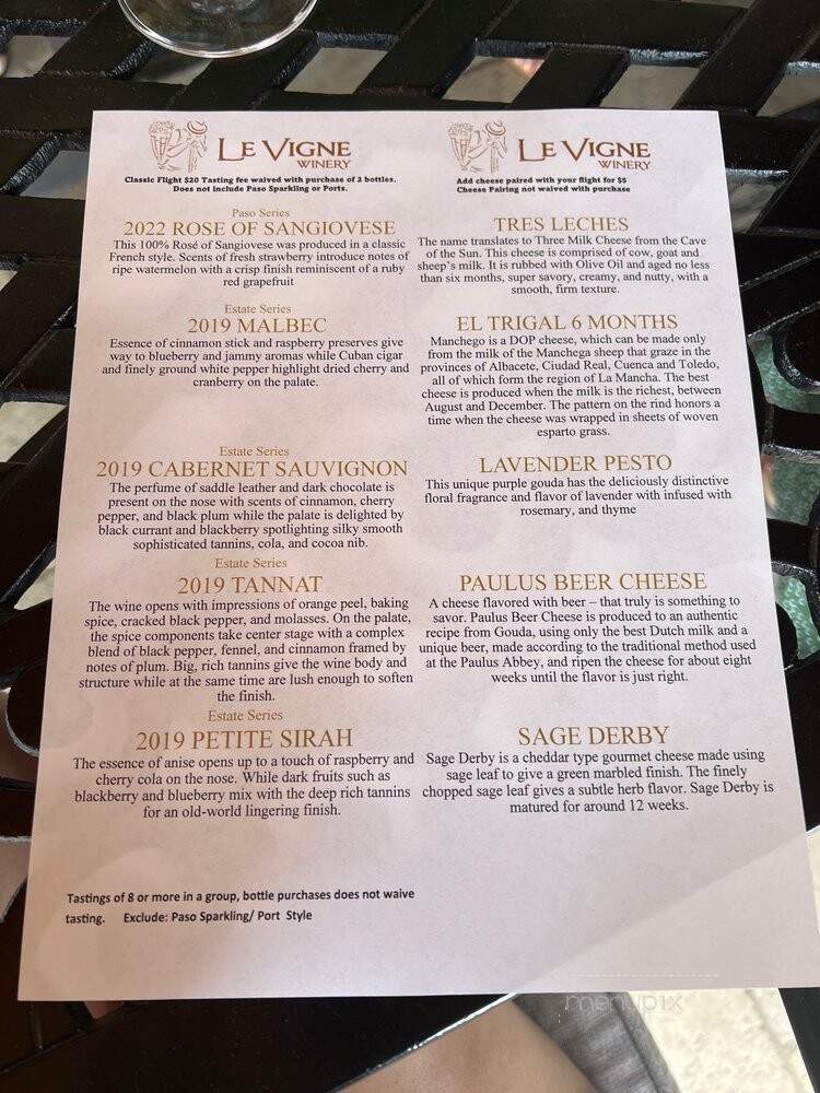 Le Vigne Winery - Paso Robles, CA menu_pic