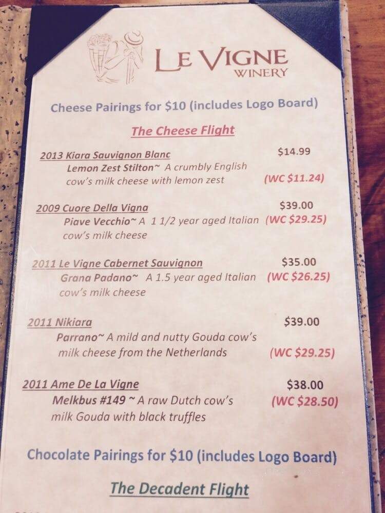 Le Vigne Winery - Paso Robles, CA menu_pic