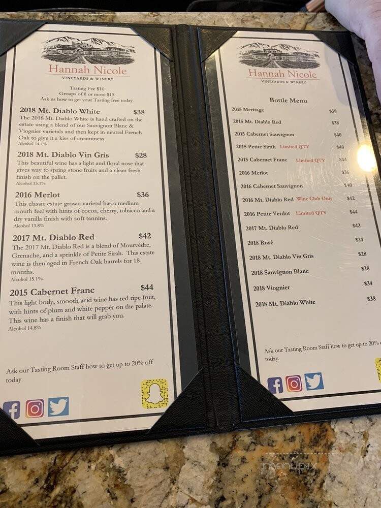 Hannah Nicole Vineyards & Winery - Brentwood, CA menu_pic