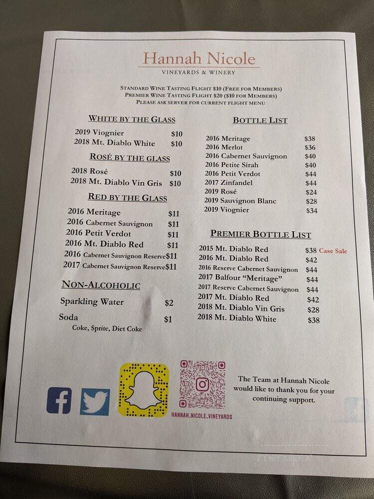 Hannah Nicole Vineyards & Winery - Brentwood, CA menu_pic