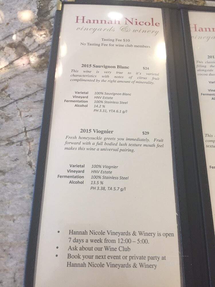 Hannah Nicole Vineyards & Winery - Brentwood, CA menu_pic
