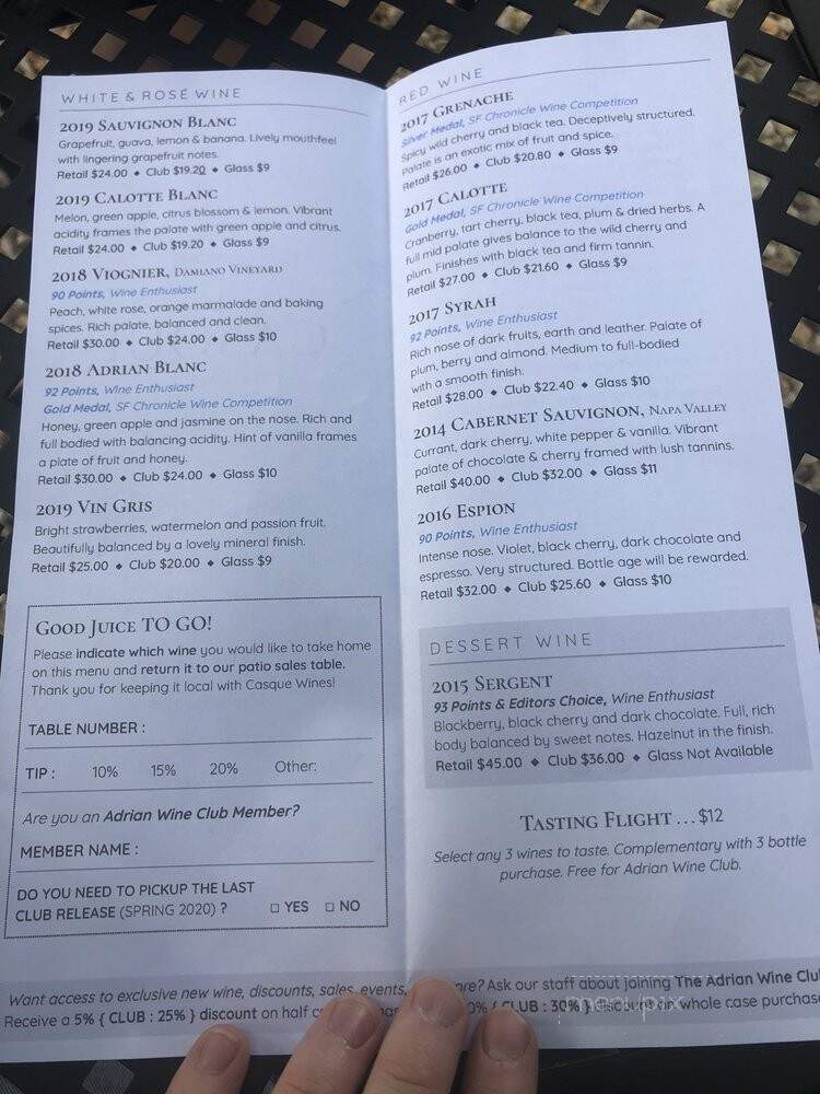 Casque Wines Tasting Room - Loomis, CA menu_pic