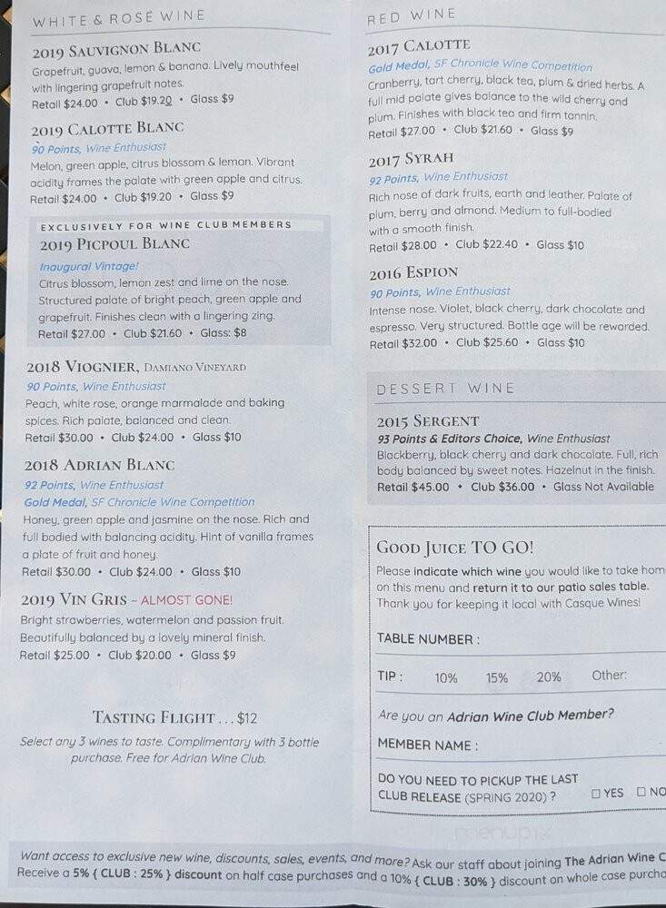 Casque Wines Tasting Room - Loomis, CA menu_pic