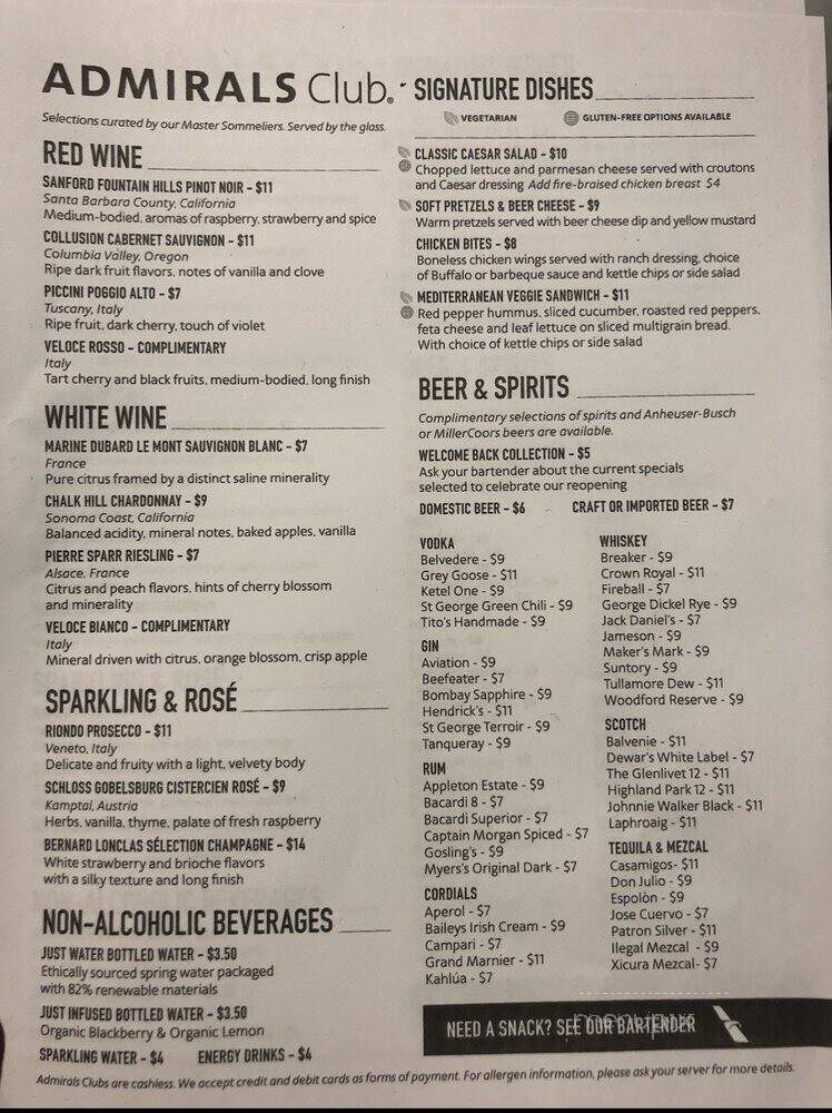 American Airlines Admirals Club - Los Angeles, CA menu_pic