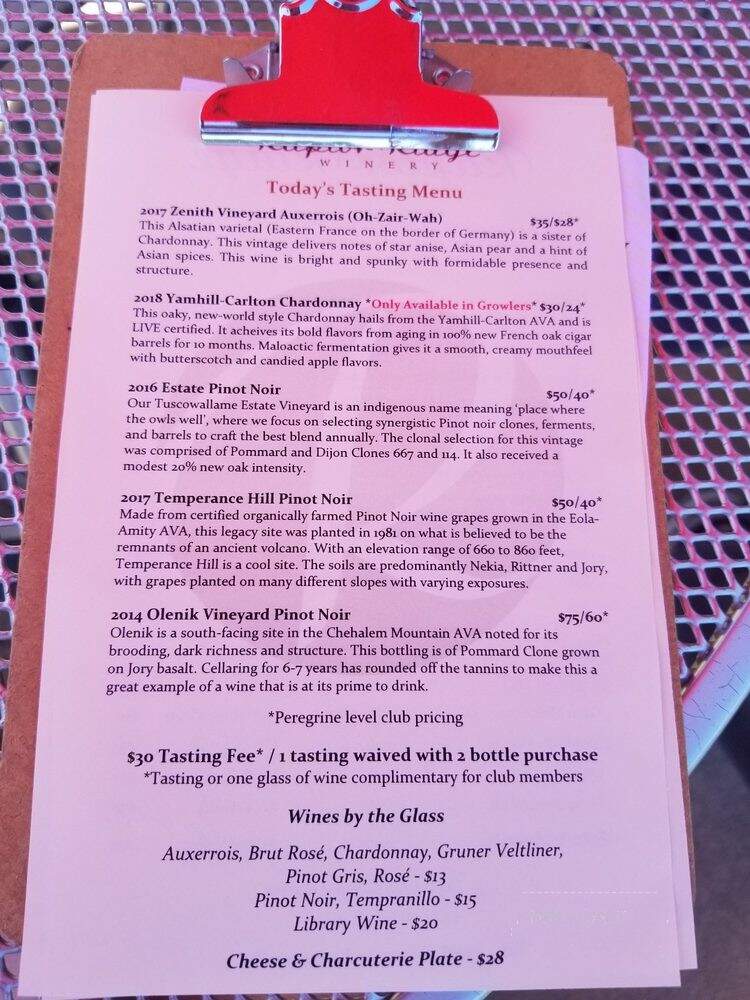 Raptor Ridge Winery - Newberg, OR menu_pic