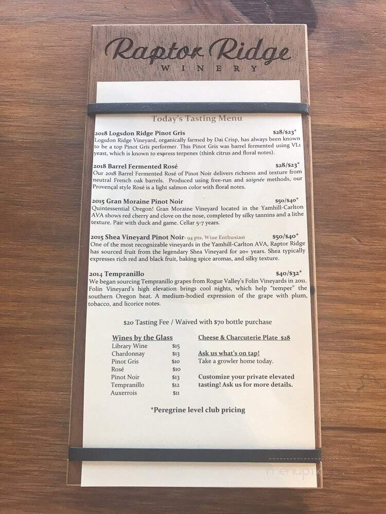 Raptor Ridge Winery - Newberg, OR menu_pic