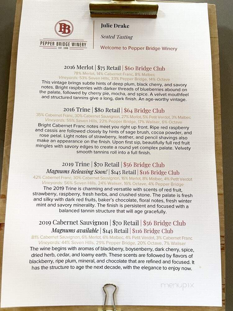 Pepper Bridge Winery - Walla Walla, WA menu_pic