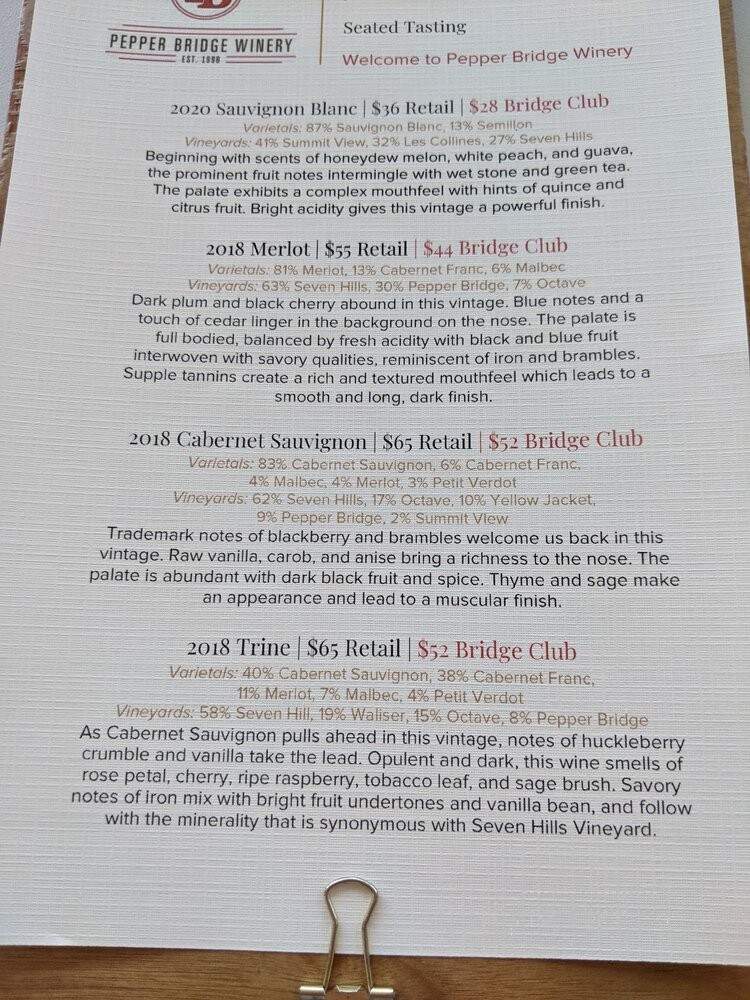 Pepper Bridge Winery - Walla Walla, WA menu_pic