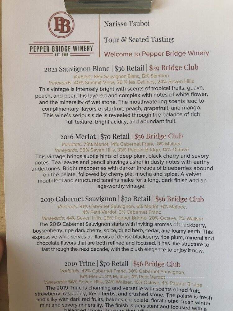 Pepper Bridge Winery - Walla Walla, WA menu_pic