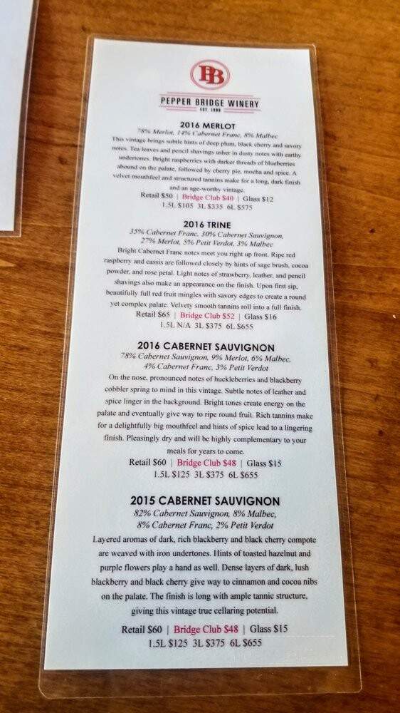 Pepper Bridge Winery - Walla Walla, WA menu_pic