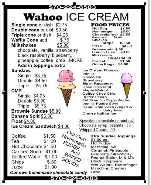 Wahoo Ice Cream Shop - Tyler Hill, PA menu_pic
