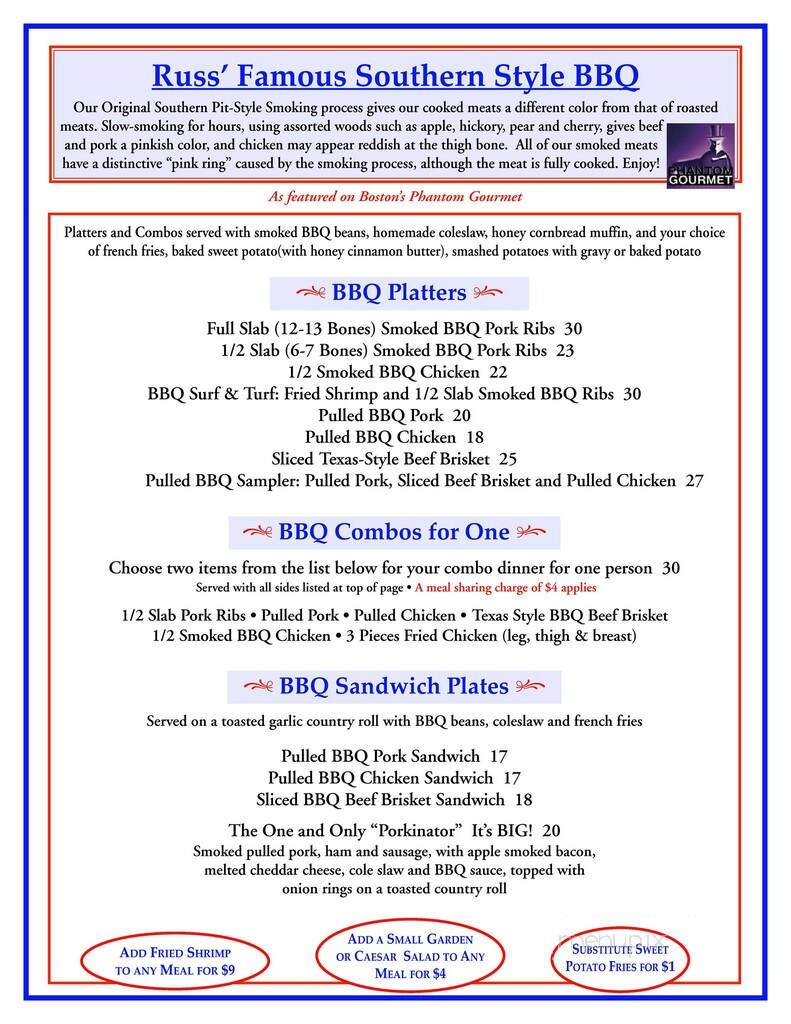 Russ and Marie's BBQ & Seafood Restaurant - Wellfleet, MA menu_pic