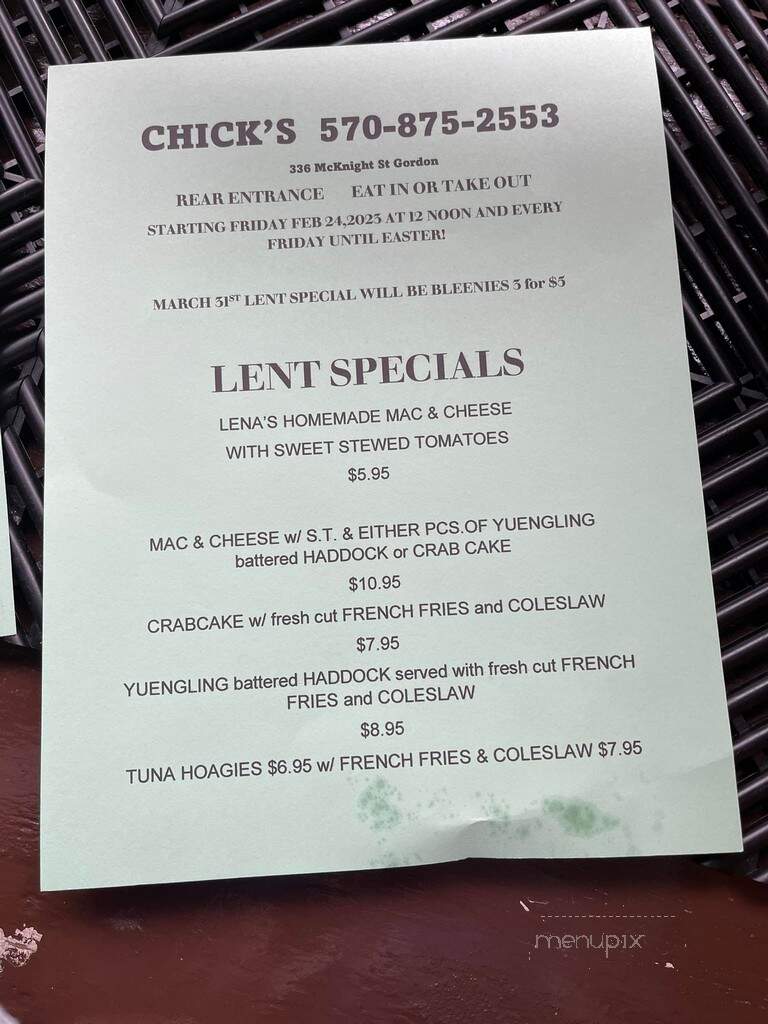 Chicks Cafe - Gordon, PA menu_pic