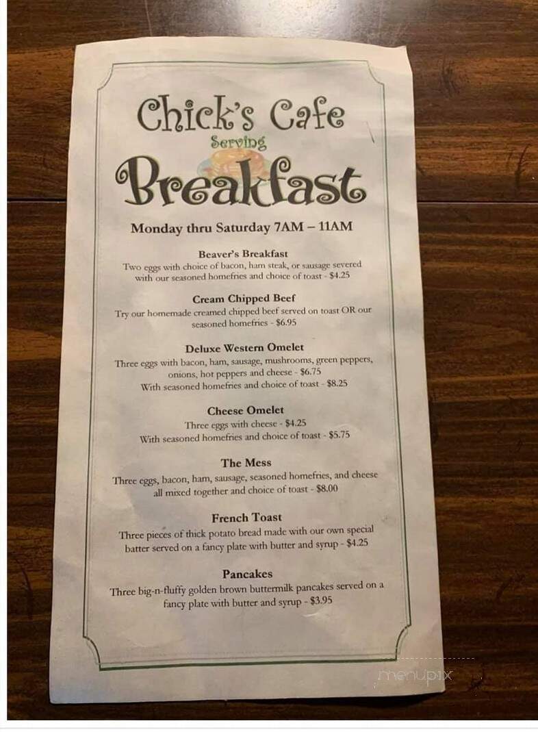 Chicks Cafe - Gordon, PA menu_pic