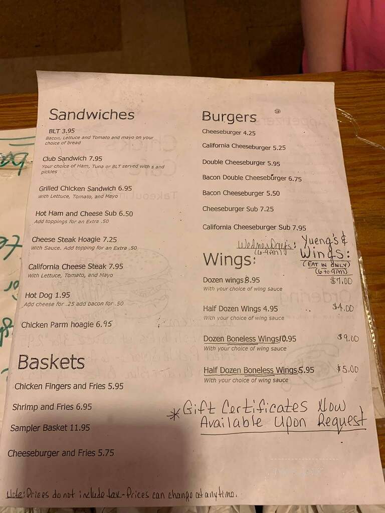 Chicks Cafe - Gordon, PA menu_pic