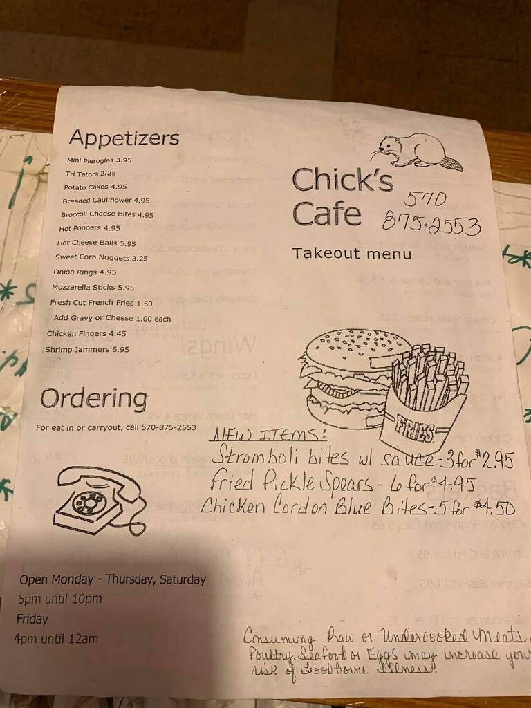 Chicks Cafe - Gordon, PA menu_pic