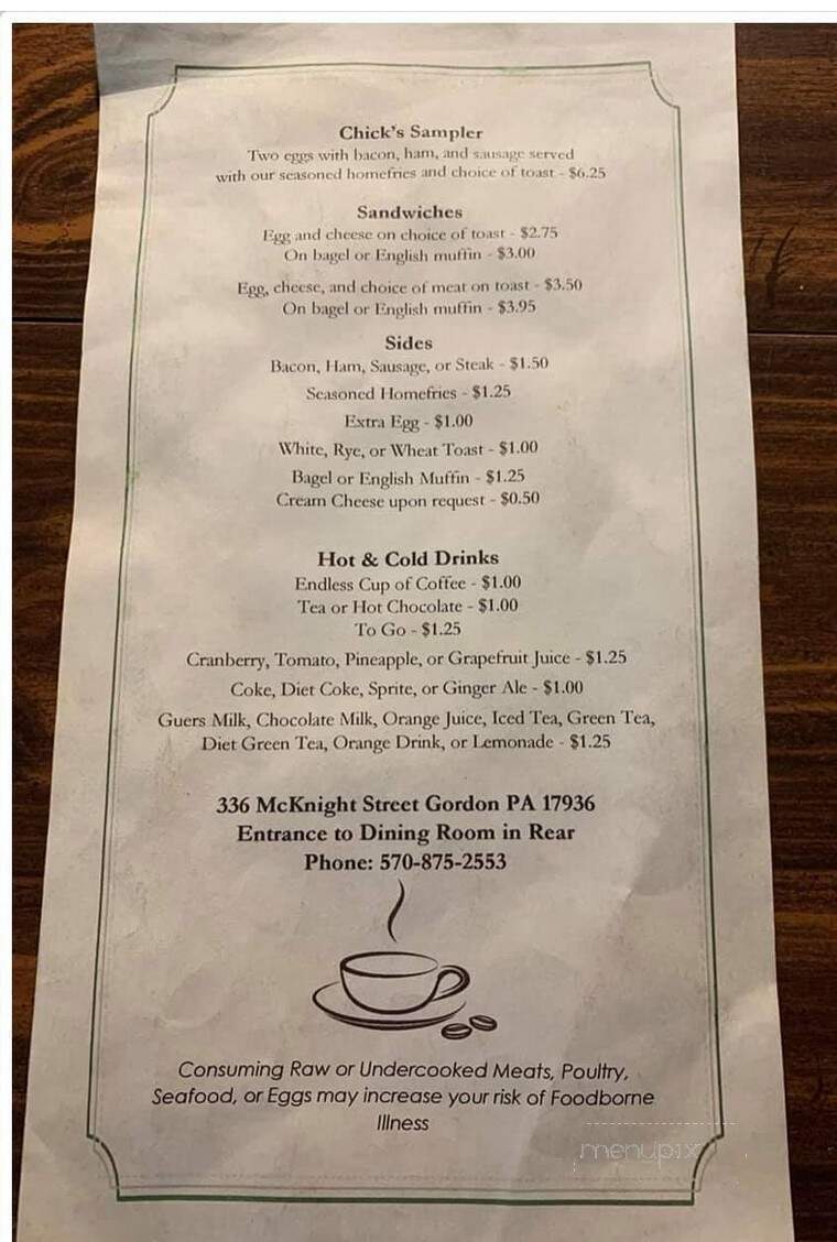 Chicks Cafe - Gordon, PA menu_pic