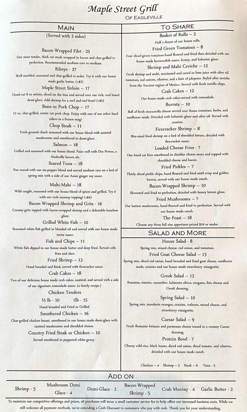 Maple Street Grill of Eagleville - Eagleville, TN menu_pic