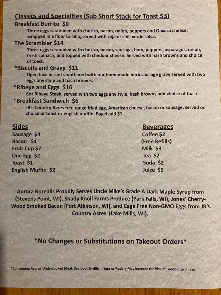 Aurora Borealis Restaurant - Manitowish Waters, WI menu_pic