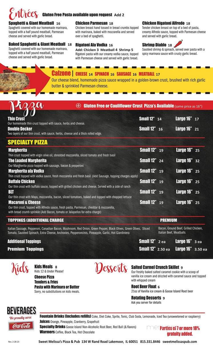 Sweet Melissa's Pizza & Pub - Lakemoor, IL menu_pic