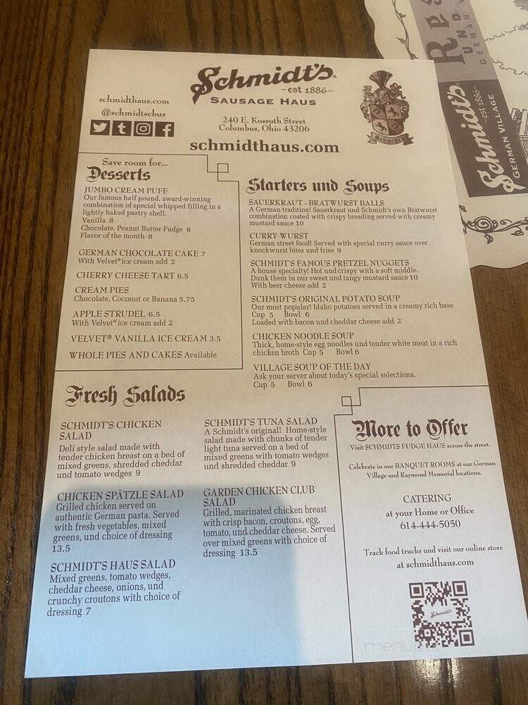 Schmidt's Sausage Haus - Columbus, OH menu_pic