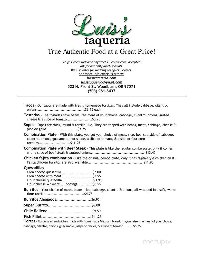 Luise's Taqueria - Woodburn, OR menu_pic