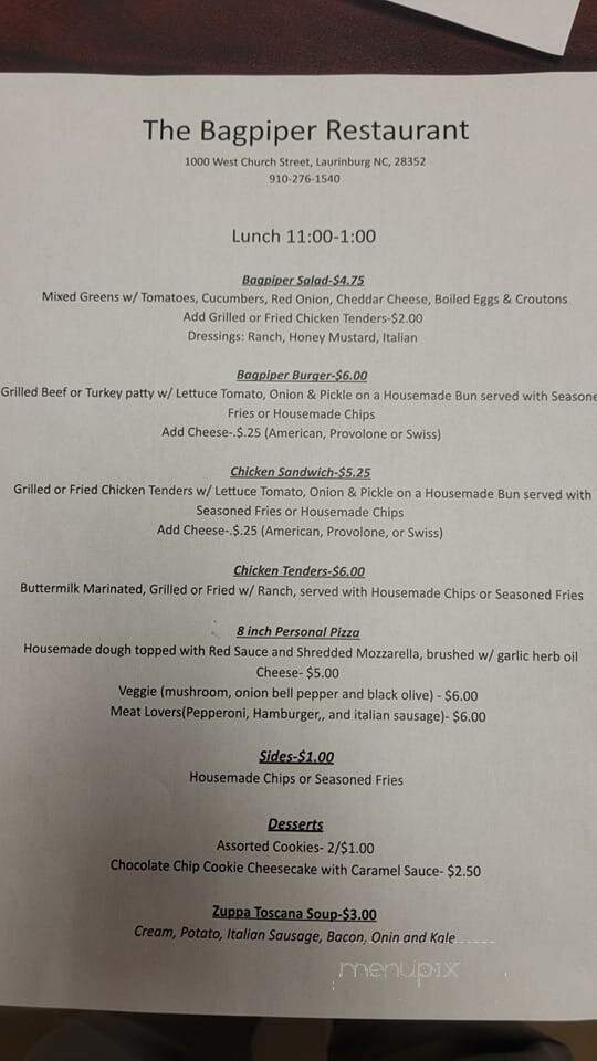 The Bagpiper Restaurant - Laurinburg, NC menu_pic