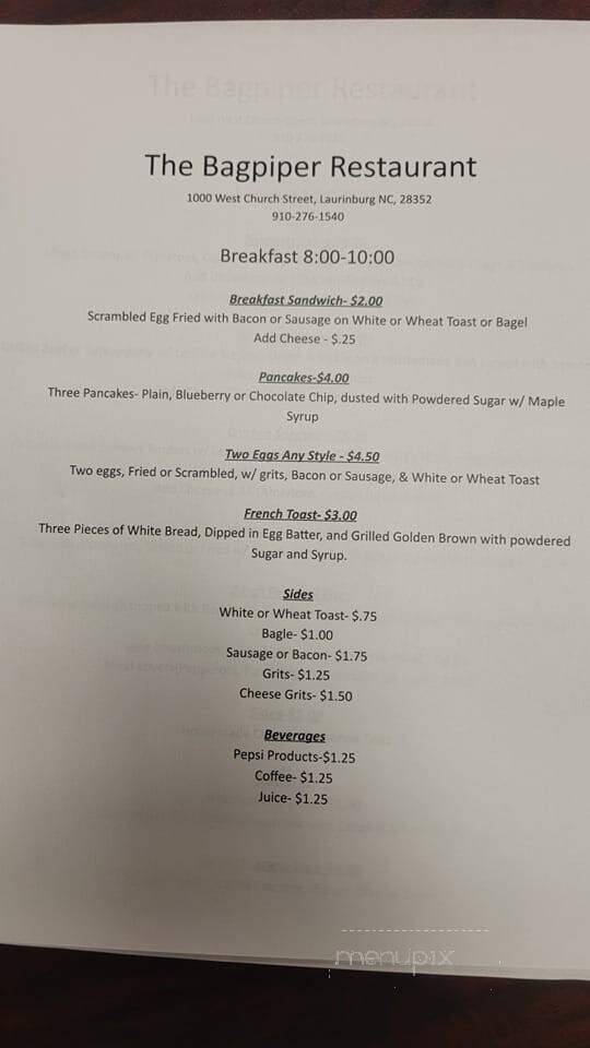 The Bagpiper Restaurant - Laurinburg, NC menu_pic
