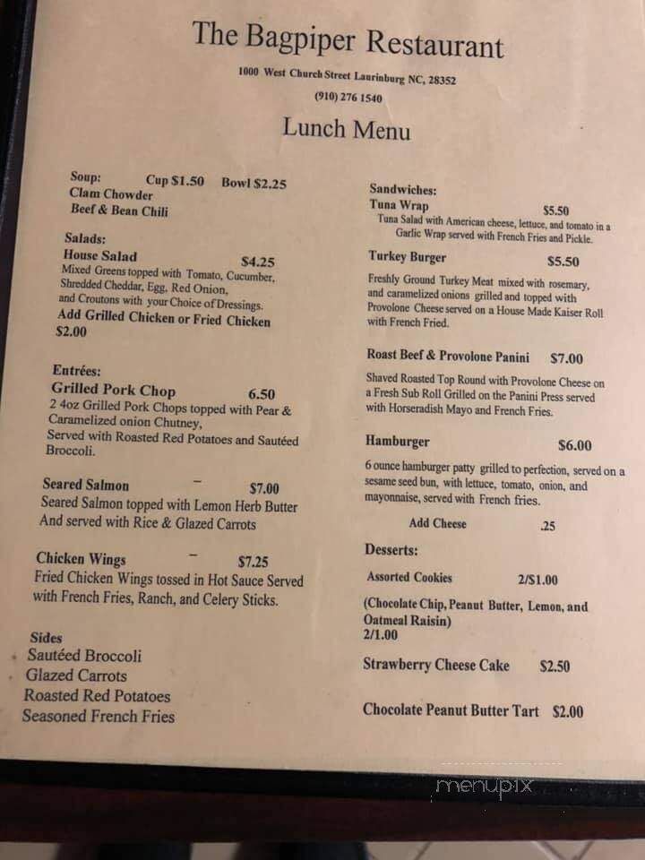 The Bagpiper Restaurant - Laurinburg, NC menu_pic
