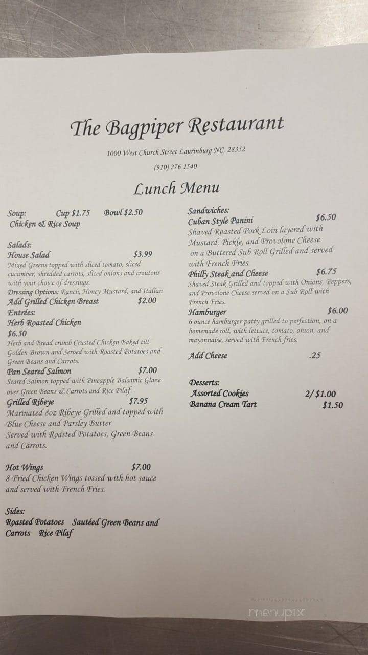 The Bagpiper Restaurant - Laurinburg, NC menu_pic